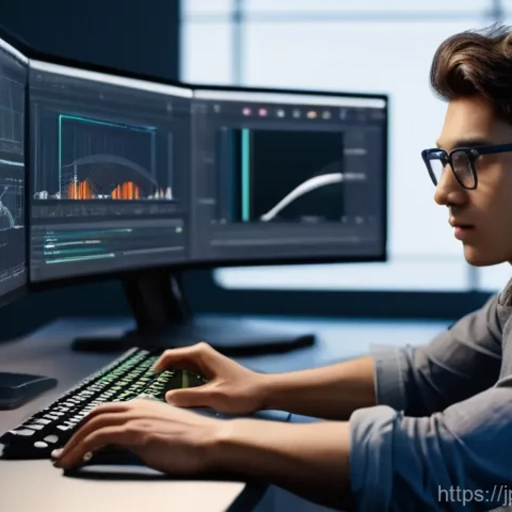 컴퓨터그래픽스운용기능사 실무에서의 활용법 - **Prompt:** A focused male 3D artist, in his late 20s, intently working on a high-end computer works...