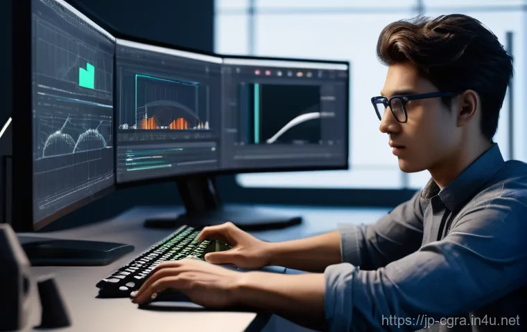 컴퓨터그래픽스운용기능사 실무에서의 활용법 - **Prompt:** A focused male 3D artist, in his late 20s, intently working on a high-end computer works...