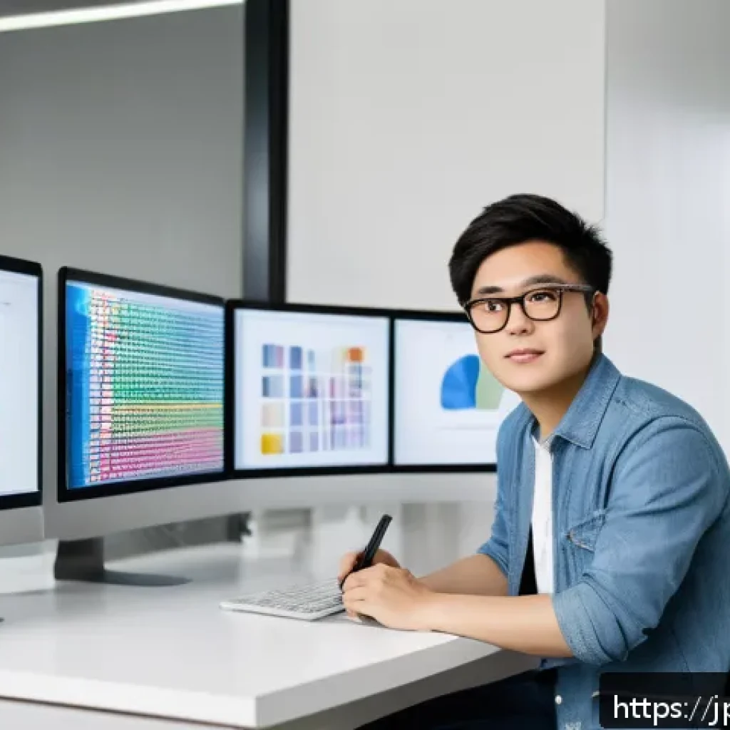 컴퓨터그래픽스운용기능사 자격증 활용 사례 연구 - A confident young Japanese graphic designer in a modern office environment, wearing smart casual clo...