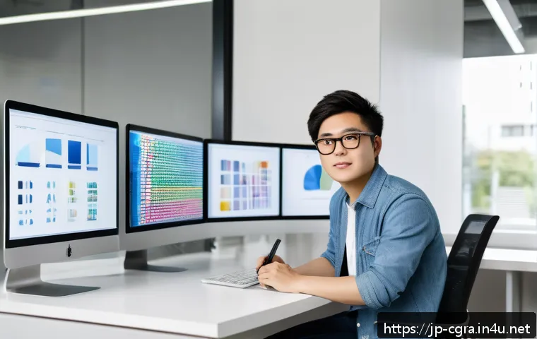 컴퓨터그래픽스운용기능사 자격증 활용 사례 연구 - A confident young Japanese graphic designer in a modern office environment, wearing smart casual clo...