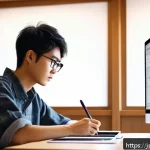 컴퓨터그래픽스운용기능사 자격증 취득 후 전문 강사 도전 - A modern Japanese computer graphics classroom scene featuring a young adult Japanese student wearing...