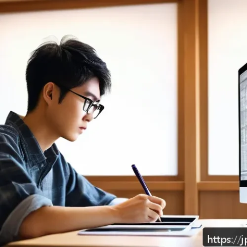컴퓨터그래픽스운용기능사 자격증 취득 후 전문 강사 도전 - A modern Japanese computer graphics classroom scene featuring a young adult Japanese student wearing...