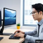 컴퓨터그래픽스운용기능사 취득 후 기술 면접 사례 - A professional CG technician in a modern office environment, wearing casual smart attire with a focu...