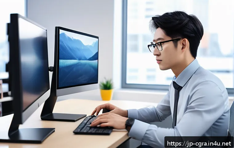 컴퓨터그래픽스운용기능사 취득 후 기술 면접 사례 - A professional CG technician in a modern office environment, wearing casual smart attire with a focu...
