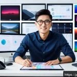 컴퓨터그래픽스운용기능사와 UX UI 디자인의 관계 - A sleek, modern UX/UI designer at work in a bright, minimalist Japanese office, surrounded by multip...