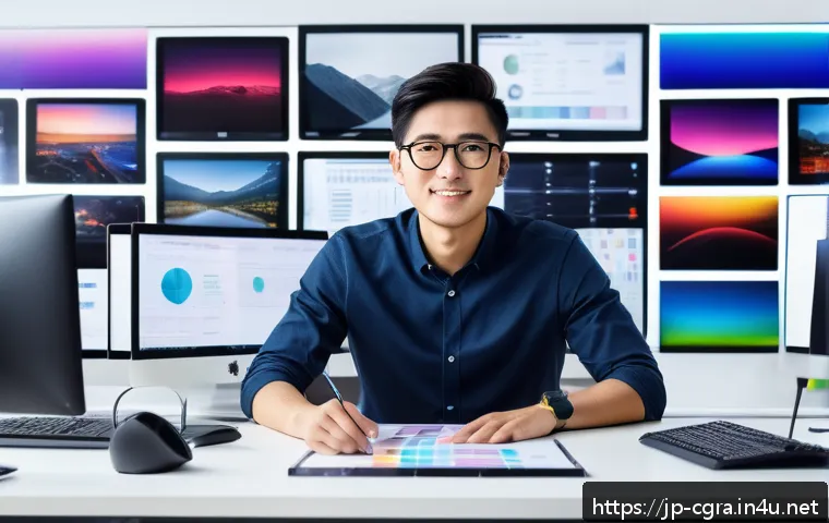 컴퓨터그래픽스운용기능사와 UX UI 디자인의 관계 - A sleek, modern UX/UI designer at work in a bright, minimalist Japanese office, surrounded by multip...