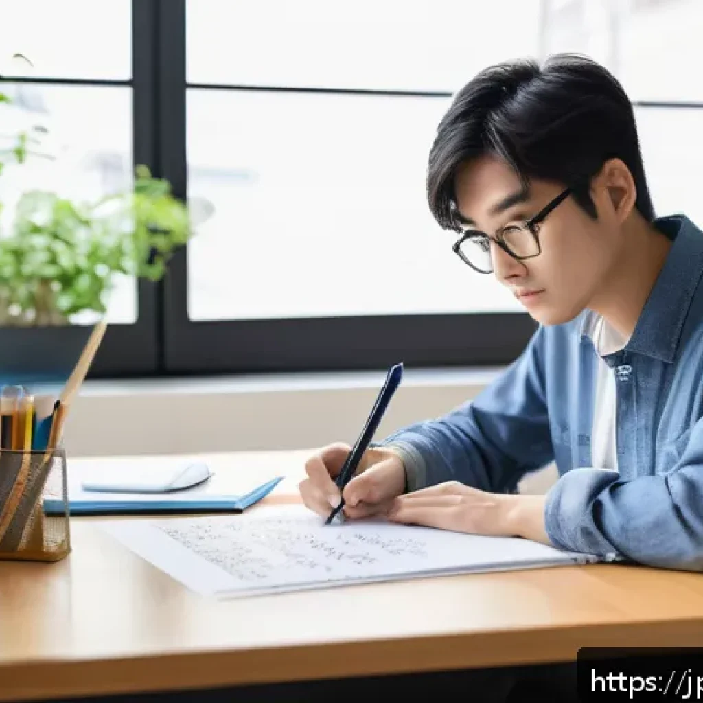 컴퓨터그래픽스운용기능사 자격증 공부 꿀팁 - A focused young Japanese adult studying computer graphics at a clean, modern desk in a bright room, ...