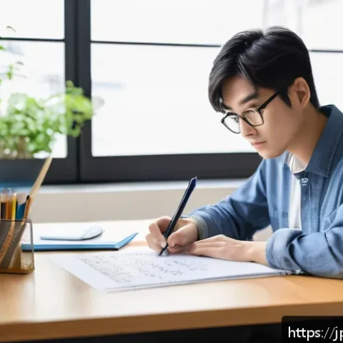 컴퓨터그래픽스운용기능사 자격증 공부 꿀팁 - A focused young Japanese adult studying computer graphics at a clean, modern desk in a bright room, ...