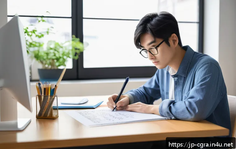 컴퓨터그래픽스운용기능사 자격증 공부 꿀팁 - A focused young Japanese adult studying computer graphics at a clean, modern desk in a bright room, ...