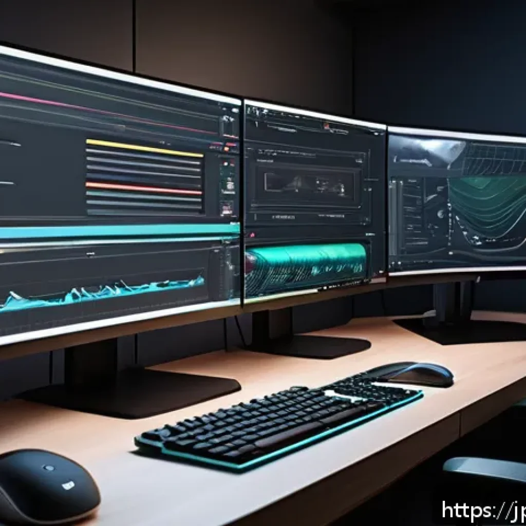 컴퓨터그래픽스운용기능사와 관련된 최신 소프트웨어 - A modern digital artist&rsquo;s workspace featuring multiple high-resolution monitors displaying real-time...