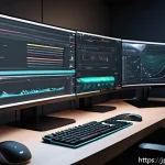 컴퓨터그래픽스운용기능사와 관련된 최신 소프트웨어 - A modern digital artist&rsquo;s workspace featuring multiple high-resolution monitors displaying real-time...