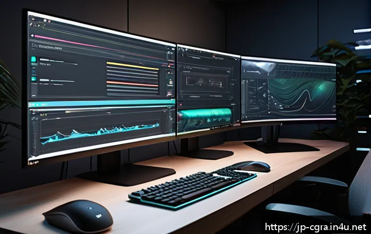 컴퓨터그래픽스운용기능사와 관련된 최신 소프트웨어 - A modern digital artist&rsquo;s workspace featuring multiple high-resolution monitors displaying real-time...